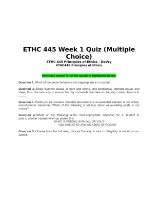 ETHC 445 Week 1 Quiz (Multiple Choice)
