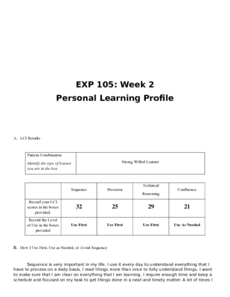 EXP 105 Week 2 Personal Learning Profile