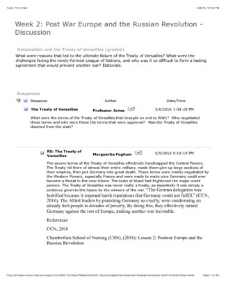 HIST 410N - Week 2 Discussion Board # 2   Nationalism and the Treaty of...