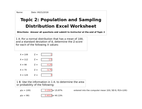 HLT 362V Week 2 Assignment; Population & Sampling Distribution Excel...