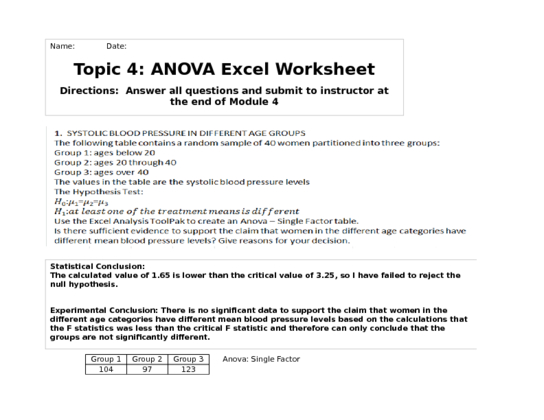 HLT 362V Week 4 Assignment; ANOVA Excel Worksheet