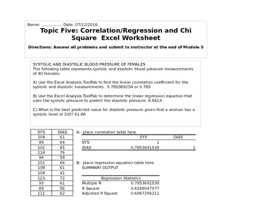 HLT 362V Week 5 Assignment; Correlation Regression and Chi Square Excel...