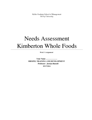 HRM 592 Week 3 Assignment; Needs Assessment   Kimberton Whole Foods