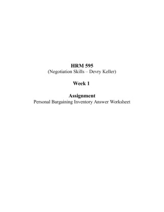 HRM 595 Week 1 Assignment; Personal Bargaining Inventory Answer Worksheet