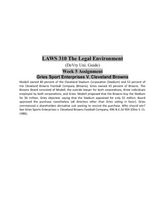 Laws 310 Week 5 Assignment; Gries Sport Enterprises V. Cleveland Browns