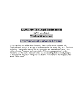 Laws 310 Week 7 Simulation Environmental Nuisance Lawsuit