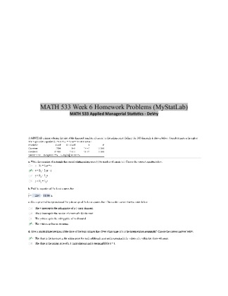 MATH 533 Week 6 Homework Problems (MyStatLab)