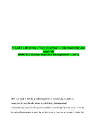 MGMT 410 Week 3 Web Exercise; Understanding Job Analysis