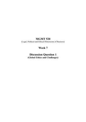 MGMT 520 Week 7 Discussion Question 1 (Global Ethics and Challenges)