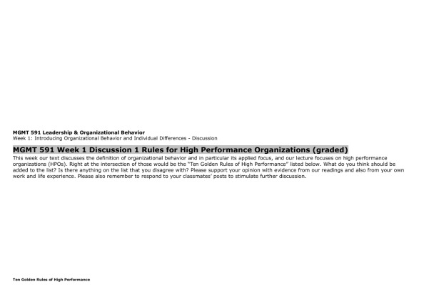 MGMT 591 Week 1 Discussion 1 Rules for High Performance Organizations