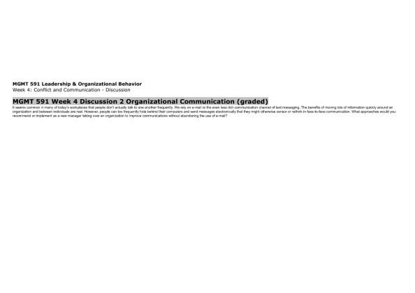 MGMT 591 Week 4 Discussion 2 Organizational Communication (Taken 2014/15)