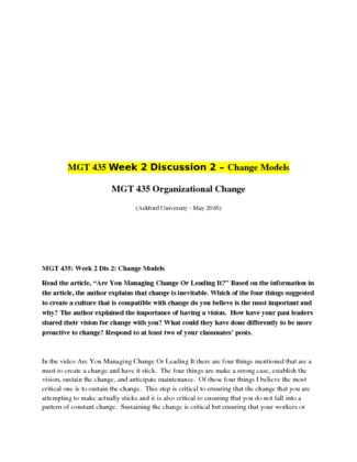 MGT 435 Week 2 Discussion 2 Change Models