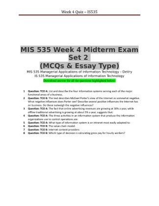 MIS 535 Week 4 Midterm Set 2