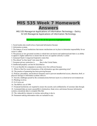 MIS 535 Week 7 Homework Correct Answers