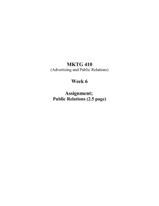 MKTG 410 Week 6 Assignment; Public Relations (2.5 Pages)