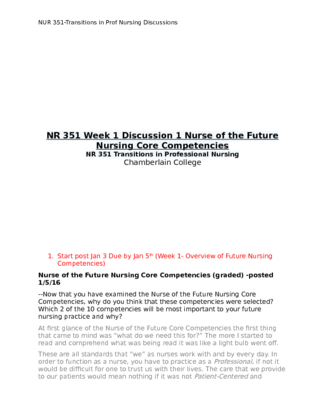 NR 351 Week 1 Discussion 1 Nurse of the Future Nursing Core Competencies
