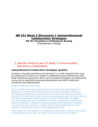 NR 351 Week 2 Discussion 1 Interprofessional Collaboration Strategies