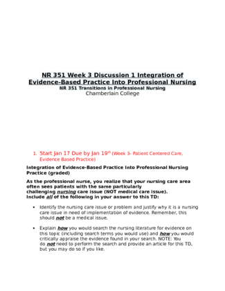 NR 351 Week 3 Discussion 1 Integration of Evidence Based Practice Into...