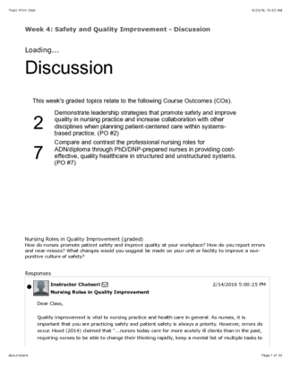 NR 351 Week 4 Discussion 1 Nursing Roles in Quality Improvement
