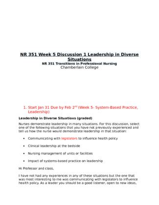 NR 351 Week 5 Discussion 1 Leadership in Diverse Situations