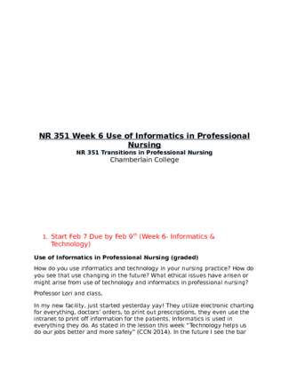 NR 351 Week 6 Use of Informatics in Professional Nursing 