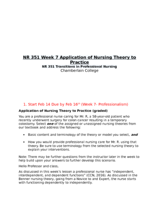 NR 351 Week 7 Application of Nursing Theory to Practice