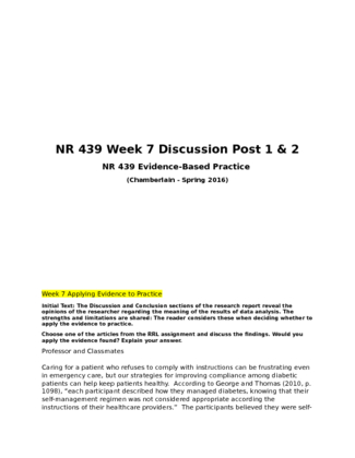 NR 439 Week 7 Discussion Post 1 & 2
