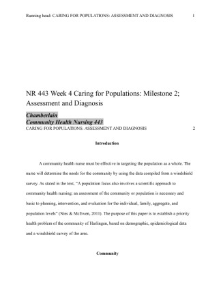 NR 443 Week 4 Caring for Populations; Milestone 2; Assessment and Diagnosis