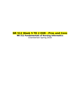 NR 512 Week 5 TD 2 EHR   Pros and Cons