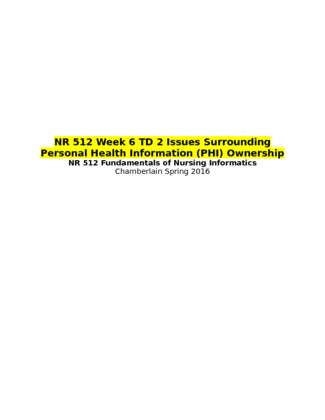 NR 512 Week 6 TD 2 Issues Surrounding Personal Health Information (PHI)...