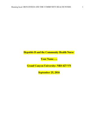 NRS 427V Week 2 Benchmark Assignment; Epidemiology Paper   Hepatitis B