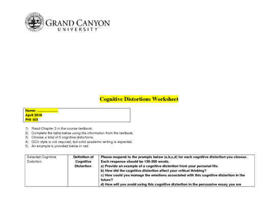 PHI 105 Week 3 Assignment; Cognitive Distortions Worksheet