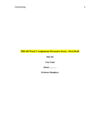 PHI 105 Week 5 Assignment; Persuasive Essay   First Draft (Censorship) 