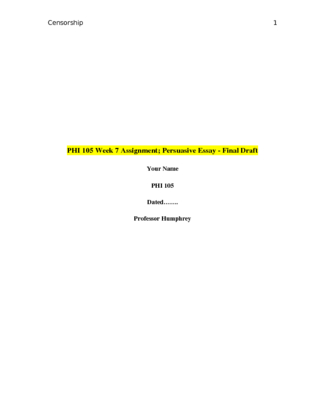 PHI 105 Week 7 Assignment; Persuasive Essay   Final Draft (Censorship)