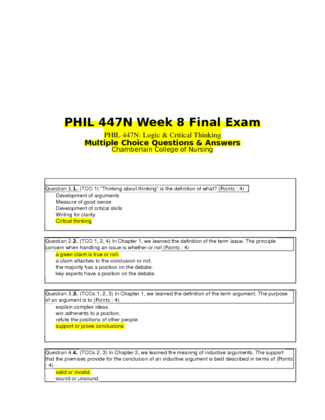 PHIL 447N Week 8 Final Exam (Multiple Choice)