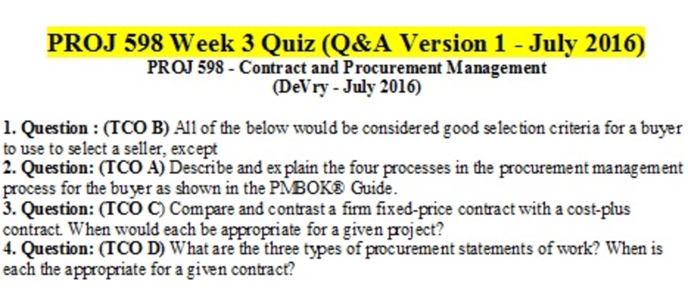 PROJ 598 Week 3 Quiz - Essay & Multiple Choice (Version 1 -  July 2016)