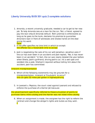 Liberty University BUSI 301 quiz 2 complete solutions