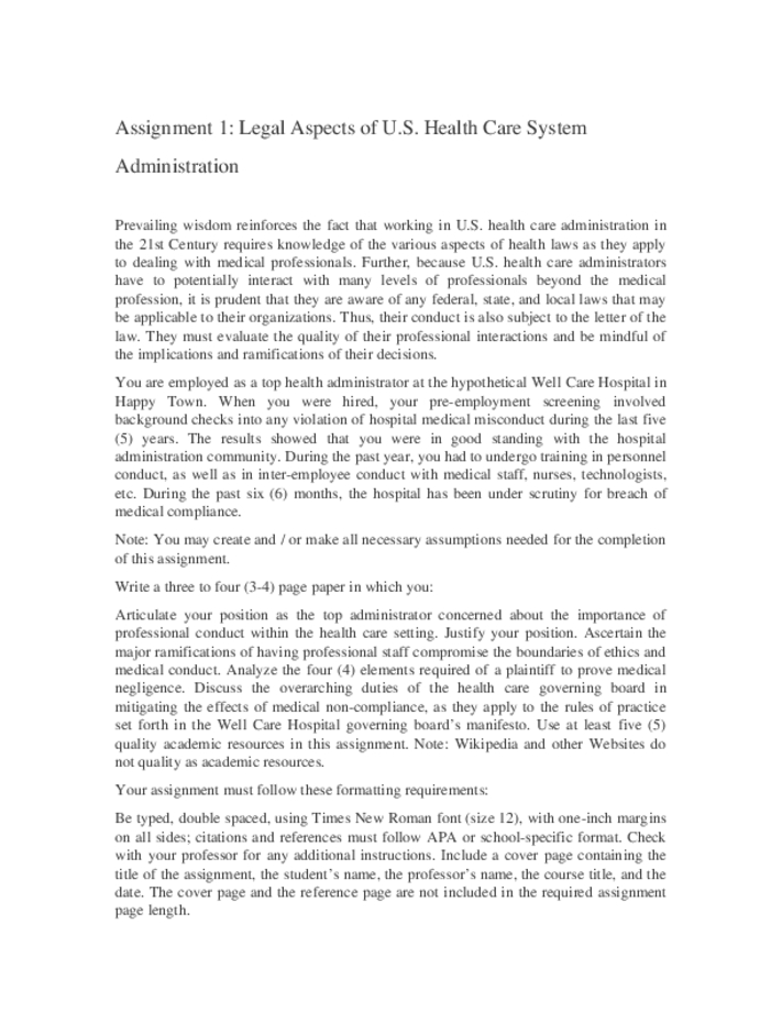 Assignment 1 Legal Aspects of U.S. Health Care System Administration