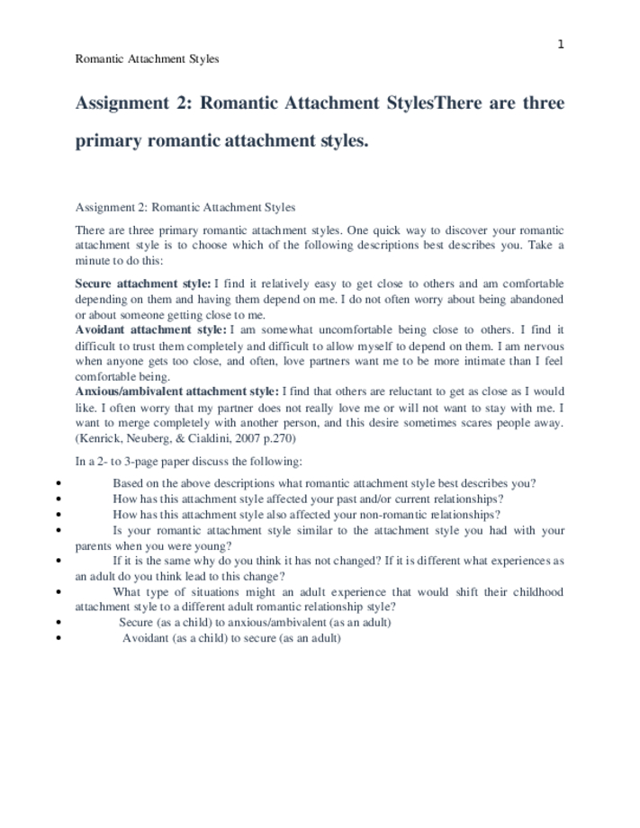 Assignment 2 Romantic Attachment StylesThere are three primary romantic...