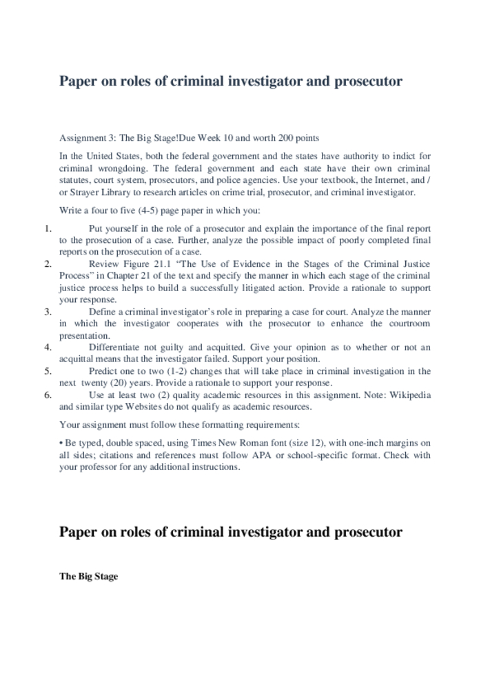 Paper on roles of criminal investigator and prosecutor