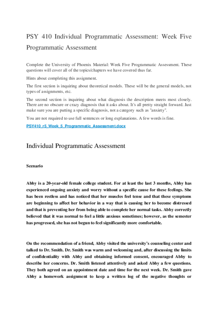 PSY 410 Individual Programmatic Assessment Week Five Programmatic...