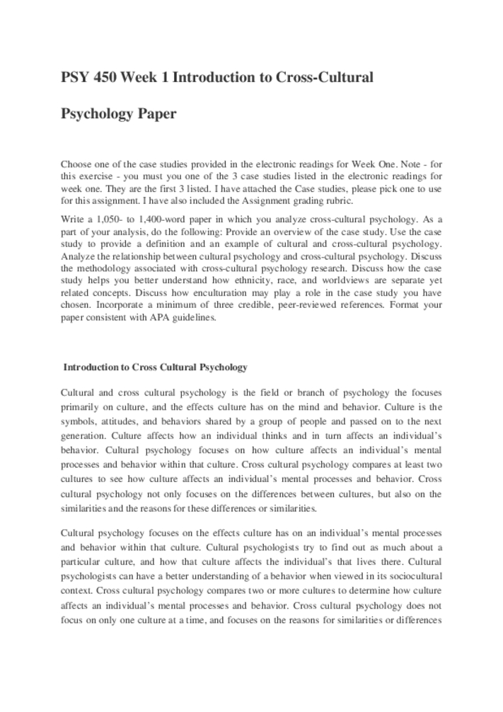 PSY 450 Week 1 Introduction to Cross Cultural Psychology
