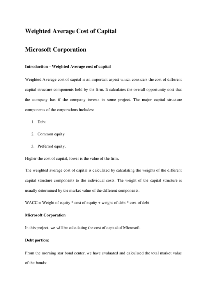 Weighted Average Cost of Capital Microsoft Corporation