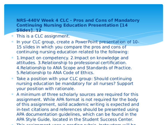 NRS-440V Week 4 CLC - Pros and Cons of Mandatory Continuing Nursing...
