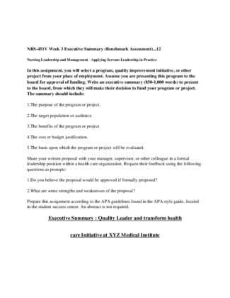 NRS-451V Week 3 Executive Summary (Benchmark Assessment)