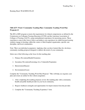 NRS-427V Week 5 Community Teaching Plan: Community Teaching Work Plan...