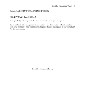SCIENTIFIC MANAGEMENT THEORY NRS-451V Week 1 Topic 1 DQ