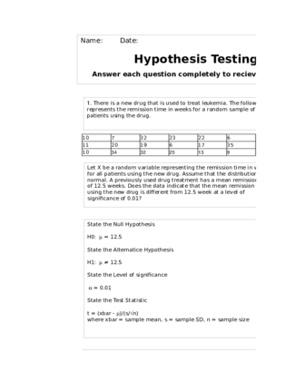 HLT 362V Week 3 Benchmark Hypothesis Testing Excel Worksheet