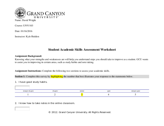  Academic Skills Assessment Worksheet 03 24 14