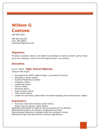 Willem Coetzee Resume 2016